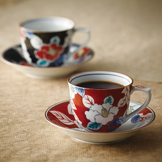 有田焼 色彩山茶花 ペアコーヒー碗皿の画像1