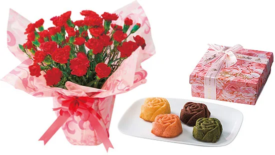 【母の日限定】モンシェール バラのフィナンシェと赤カーネーション鉢植えのセット